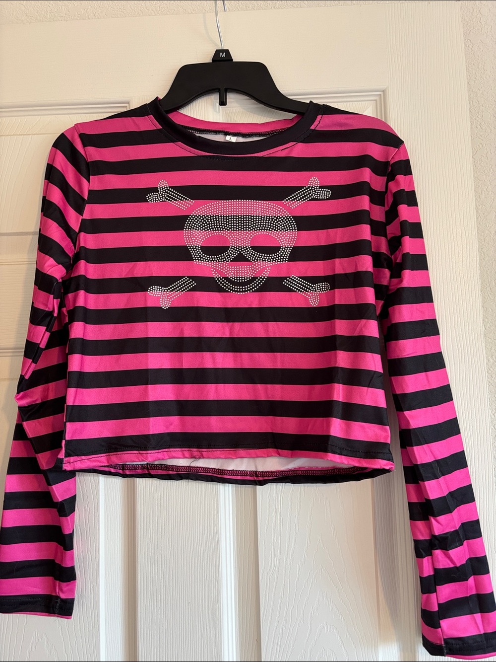 Pink & Black Striped Long-Sleeve Top with Rhinestone Skull